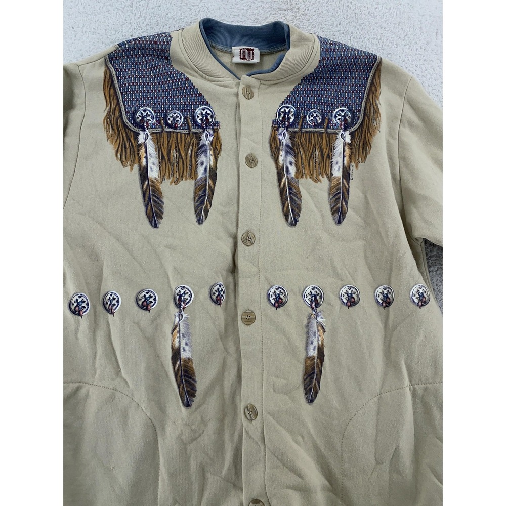 Vintage Art Unlimited Sweater Jacket Mens L Feather Print Western Fringe USA 90s